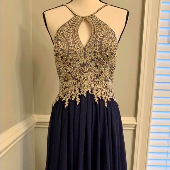 Ball Gown/Pageant or Prom Dress (Navy Blue & Gold) - Picture 5 of 7